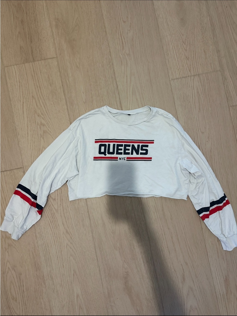 Forever 21 White Cropped Long-Sleeve Top with Red & Navy Stripes